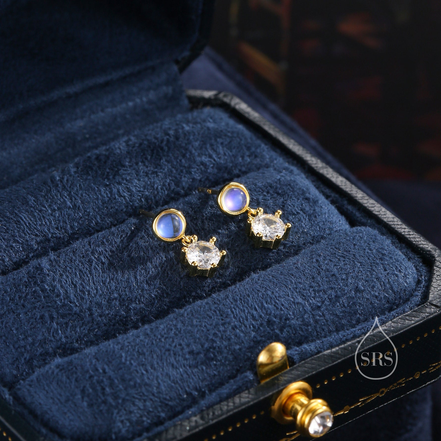 Moonstone and CZ Dangle Stud Earrings in Sterling Silver, Round Moonstone and CZ, Silver or Gold, Two CZ Prong Set Earrings