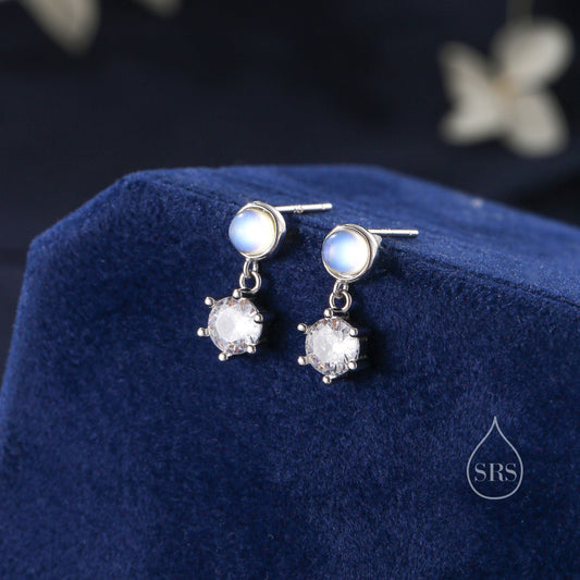 Moonstone and CZ Dangle Stud Earrings in Sterling Silver, Round Moonstone and CZ, Silver or Gold, Two CZ Prong Set Earrings