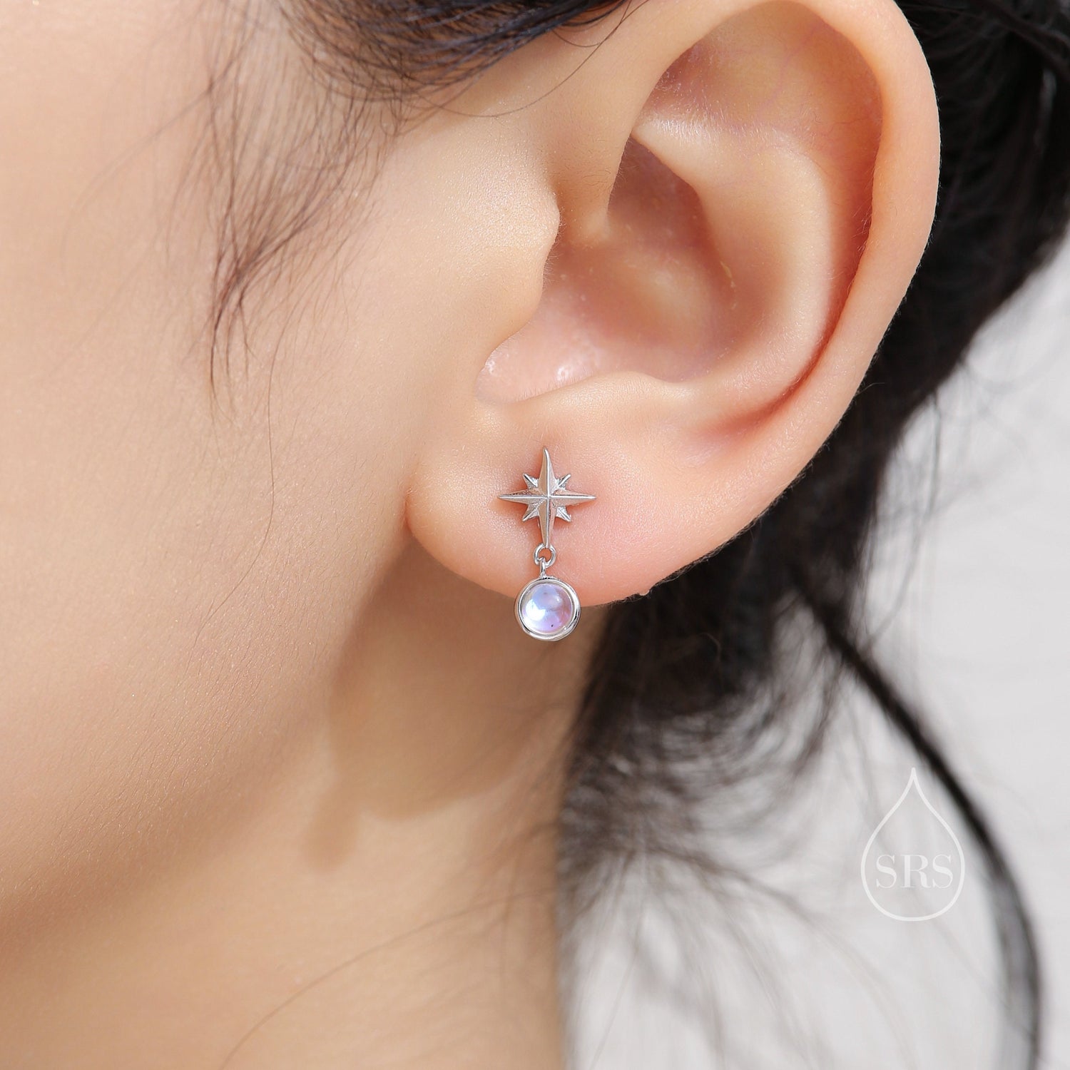 Tiny Starburst and Moonstone Stud Earrings in Sterling Silver, Silver, Gold or Rose Gold, Star Earrings, Sunburst Earrings, Celestial