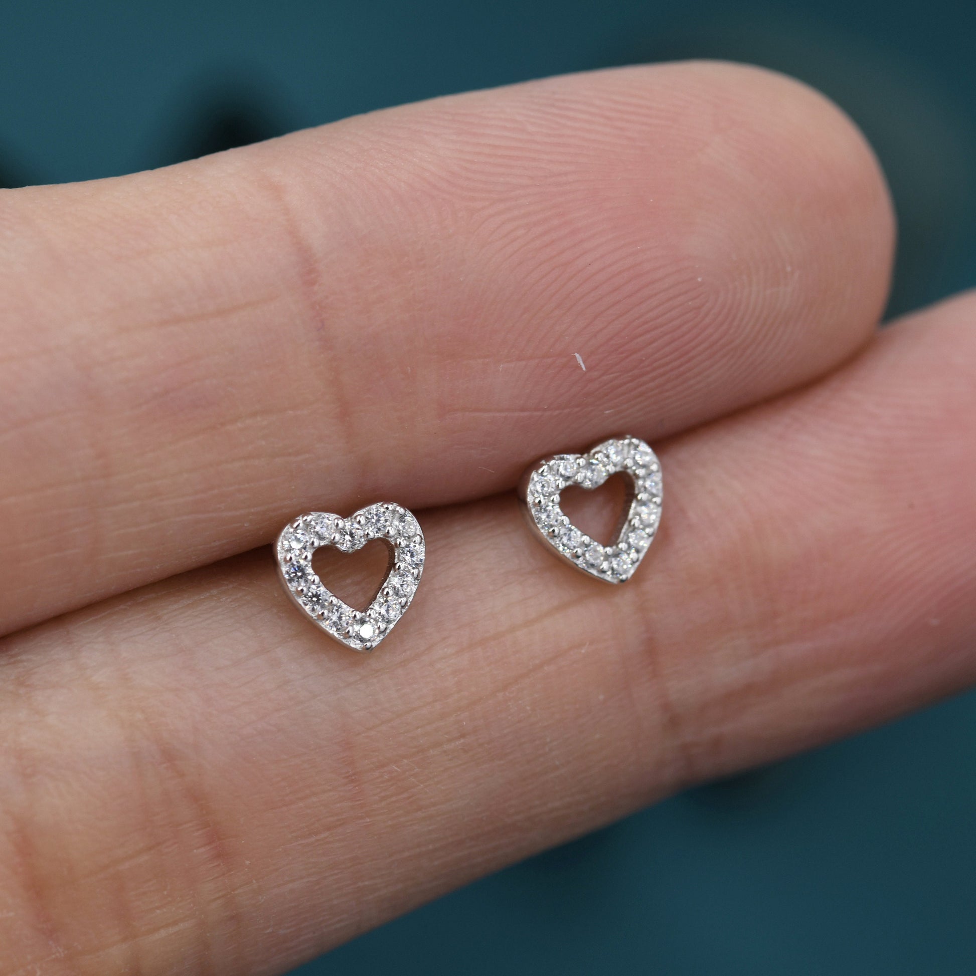 Tiny Open Heart Internally Threaded Flat Back / Stud Earrings in Sterling Silver, Silver or Gold or Rose Gold, CZ Heart Stud
