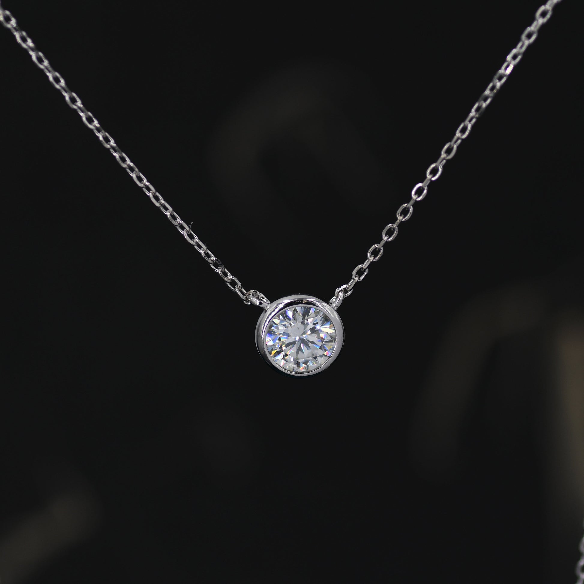 1 Carat Moissanite Solitaire Bezel Pendant Necklace in Sterling Silver, 1 Ct Moissanite Diamond Bubble Necklace, 6.5mm Moissanite
