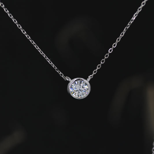 1 Carat Moissanite Solitaire Bezel Pendant Necklace  in Sterling Silver, 1 Ct Moissanite Diamond Bubble Necklace, 6.5mm Moissanite