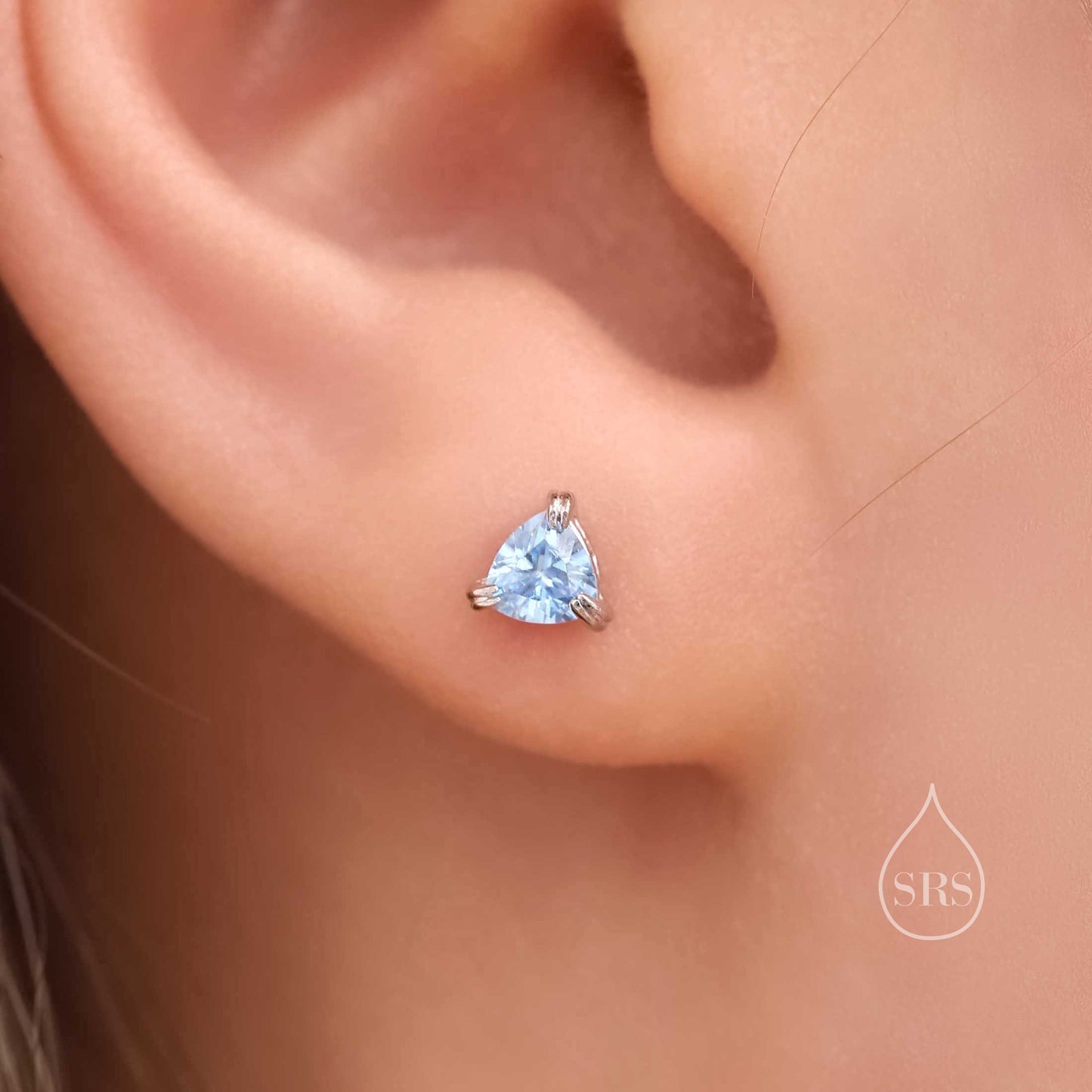 Trillion Cut Topaz Blue CZ Stud Earrings in Sterling Silver,  Trillion Cut Blue Zirconia Earrings, Double Pronged, Tiny CZ Stud