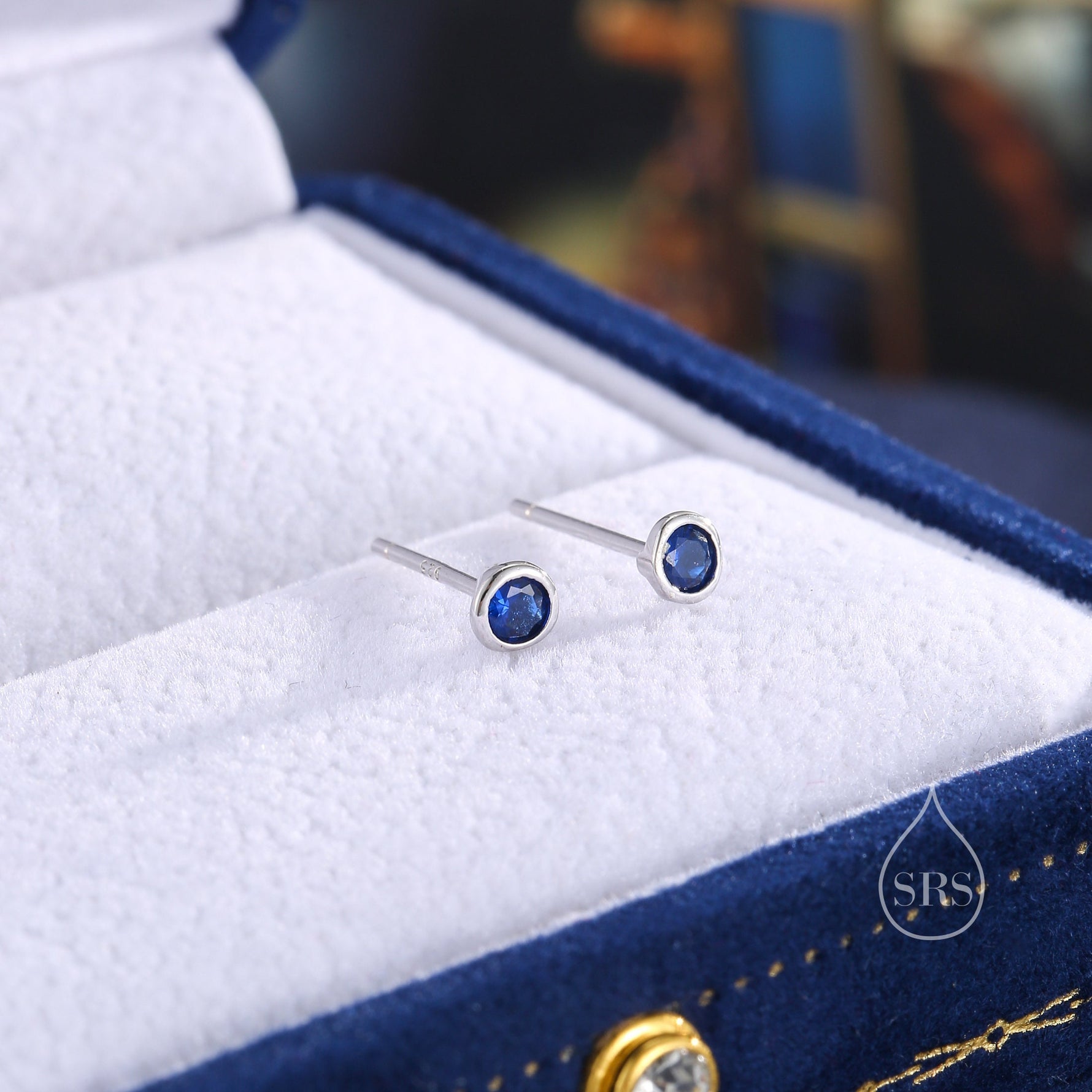 Sapphire Blue CZ Bezel Stud Earrings in Sterling Silver, Available in 3mm, 4mm, 5mm, Brilliant Cut CZ Earrings, Minimal CZ Stud