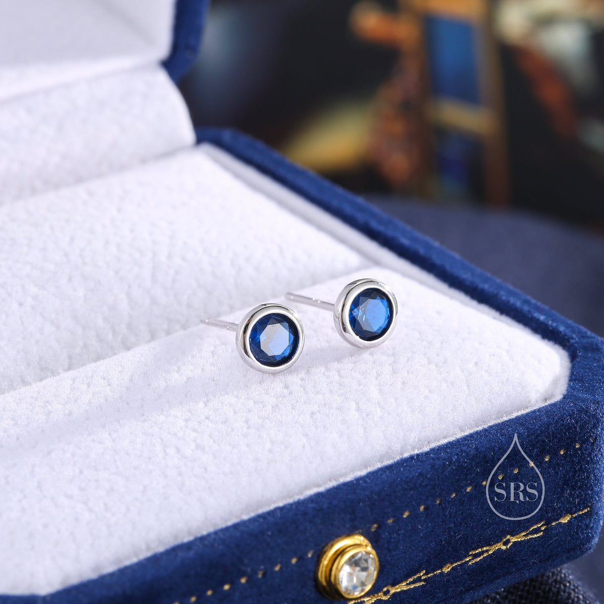 Sapphire Blue CZ Bezel Stud Earrings in Sterling Silver, Available in 3mm, 4mm, 5mm, Brilliant Cut CZ Earrings, Minimal CZ Stud