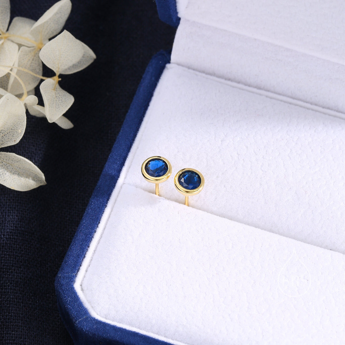 Sapphire Blue CZ Bezel Stud Earrings in Sterling Silver, Available in 3mm, 4mm, 5mm, Brilliant Cut CZ Earrings, Minimal CZ Stud