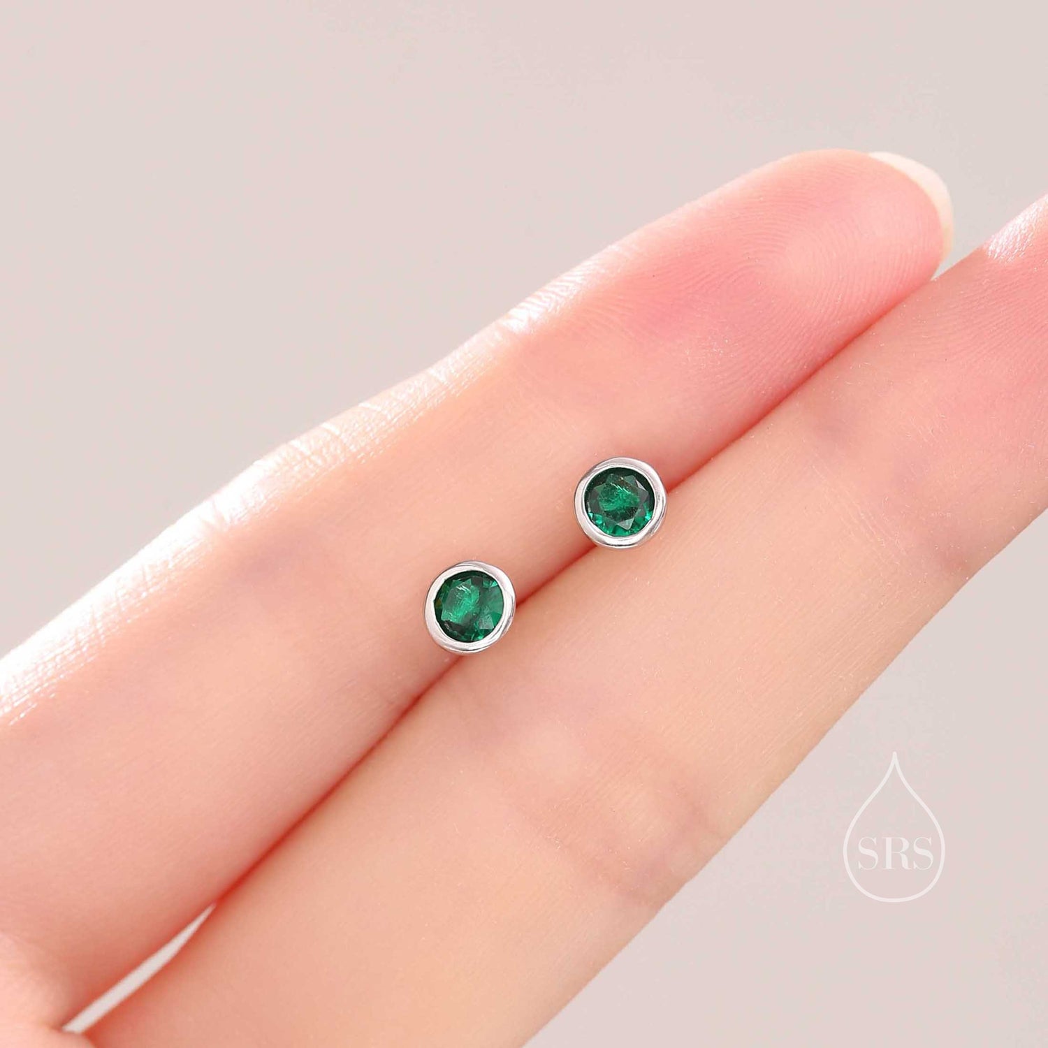 Emerald Green CZ Bezel Stud Earrings in Sterling Silver, Available in 3mm, 4mm, 5mm, Brilliant Cut CZ Earrings, Minimal CZ Stud