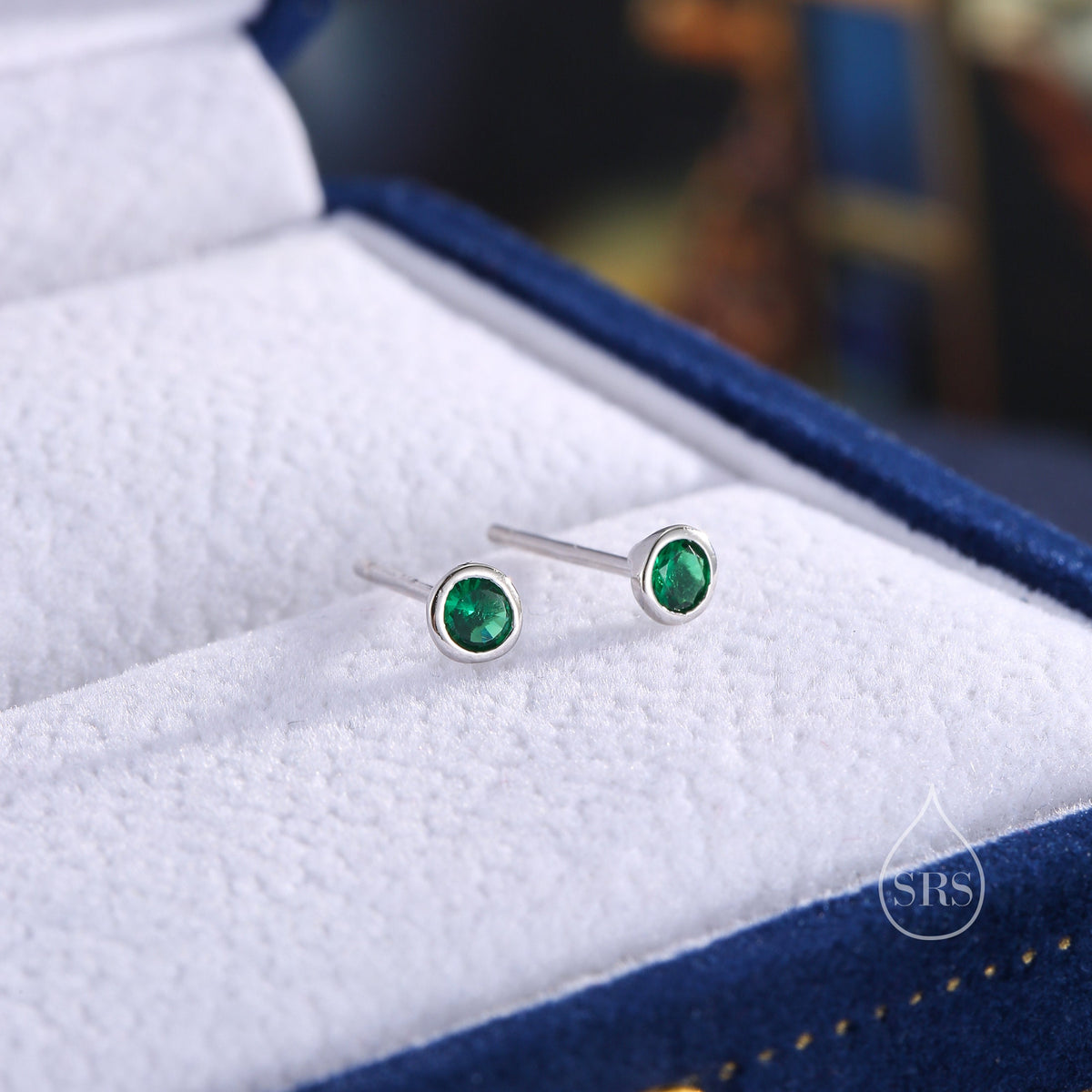 Emerald Green CZ Bezel Stud Earrings in Sterling Silver, Available in 3mm, 4mm, 5mm, Brilliant Cut CZ Earrings, Minimal CZ Stud