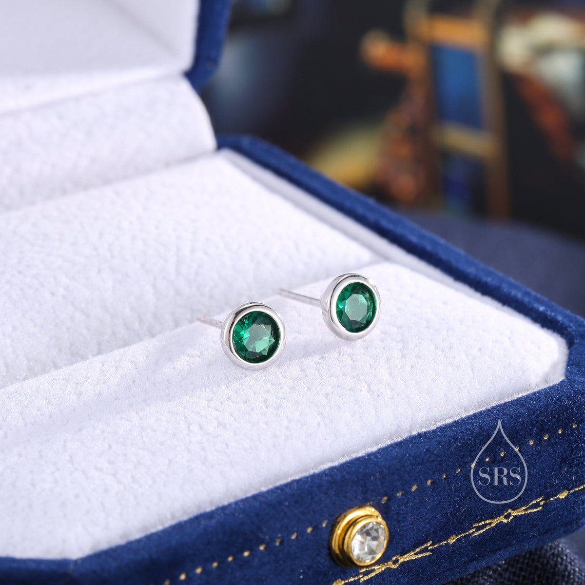 Emerald Green CZ Bezel Stud Earrings in Sterling Silver, Available in 3mm, 4mm, 5mm, Brilliant Cut CZ Earrings, Minimal CZ Stud
