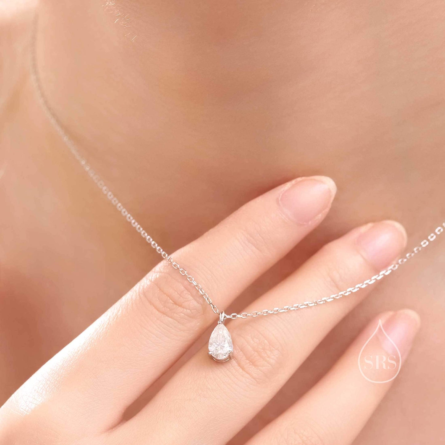 1 Carat Moissanite Solitaire Pear Cut Pendant Necklace  in Sterling Silver, 1 Ct Moissanite Diamond Droplet Necklace, 5x8mm Moissanite