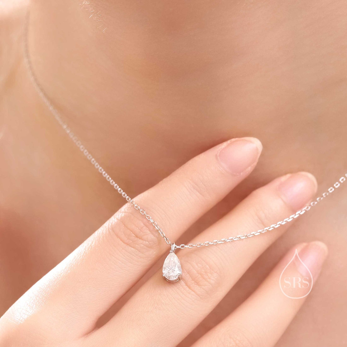 1 Carat Moissanite Solitaire Pear Cut Pendant Necklace in Sterling Silver, 1 Ct Moissanite Diamond Droplet Necklace, 5x8mm Moissanite