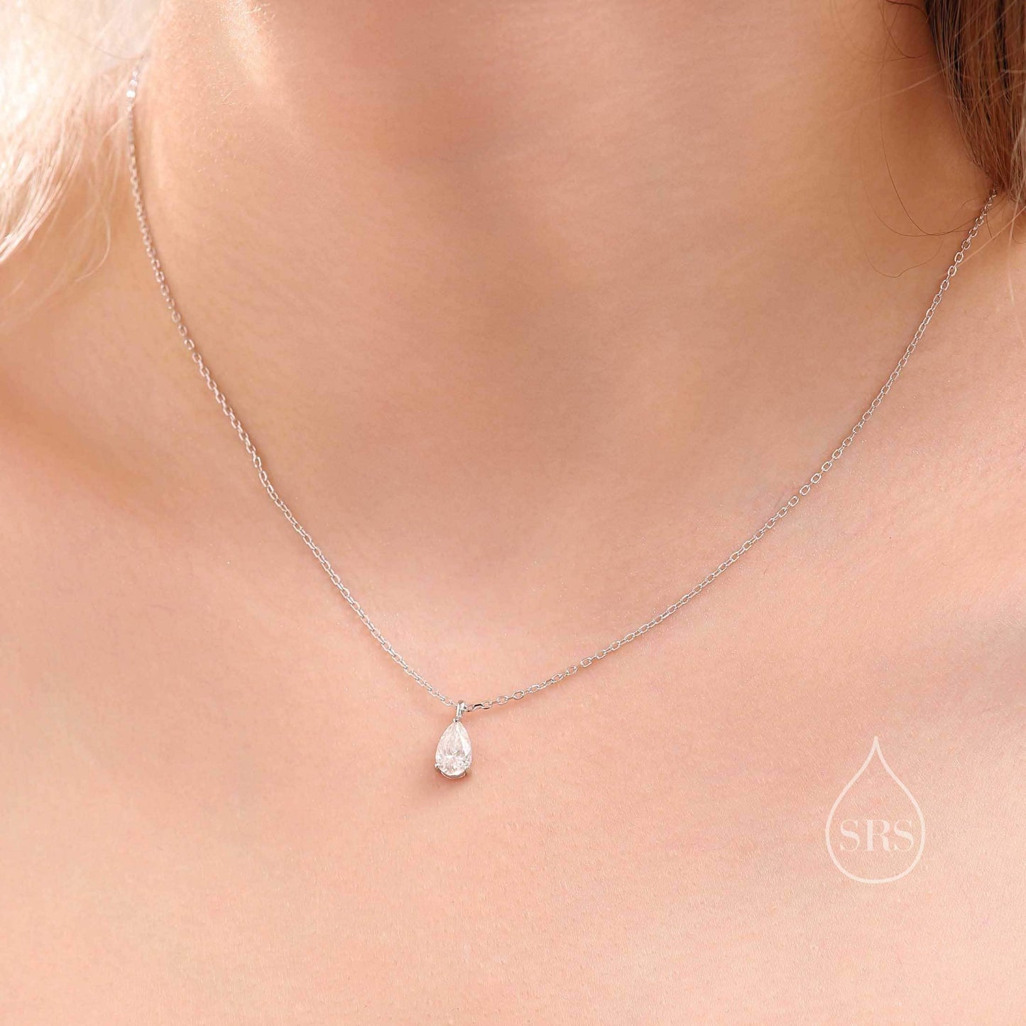 1 Carat Moissanite Solitaire Pear Cut Pendant Necklace  in Sterling Silver, 1 Ct Moissanite Diamond Droplet Necklace, 5x8mm Moissanite