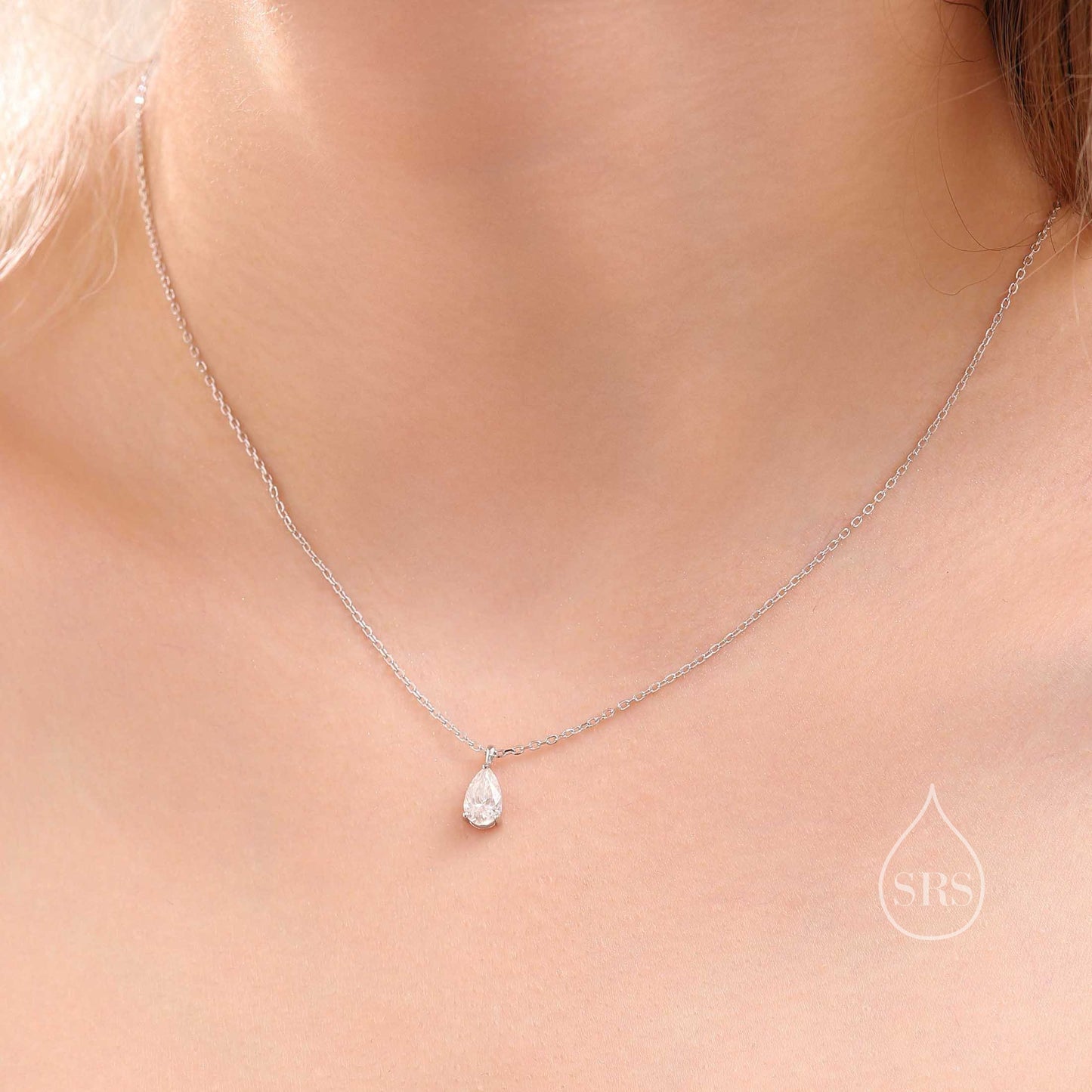 1 Carat Moissanite Solitaire Pear Cut Pendant Necklace in Sterling Silver, 1 Ct Moissanite Diamond Droplet Necklace, 5x8mm Moissanite