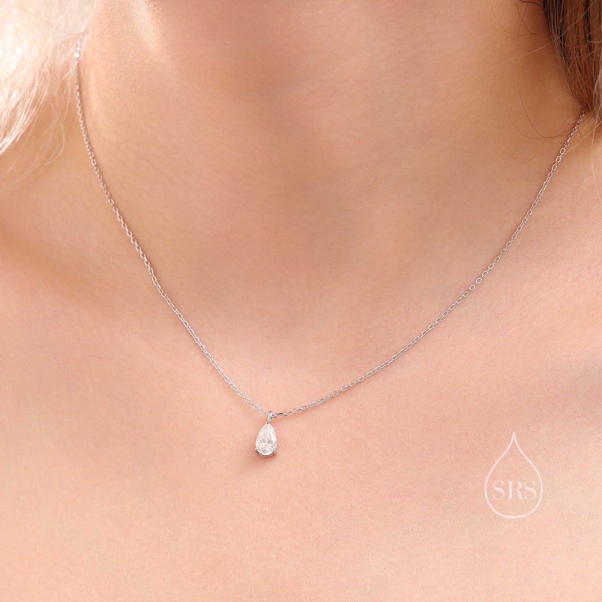 1 Carat Moissanite Solitaire Pear Cut Pendant Necklace in Sterling Silver, 1 Ct Moissanite Diamond Droplet Necklace, 5x8mm Moissanite