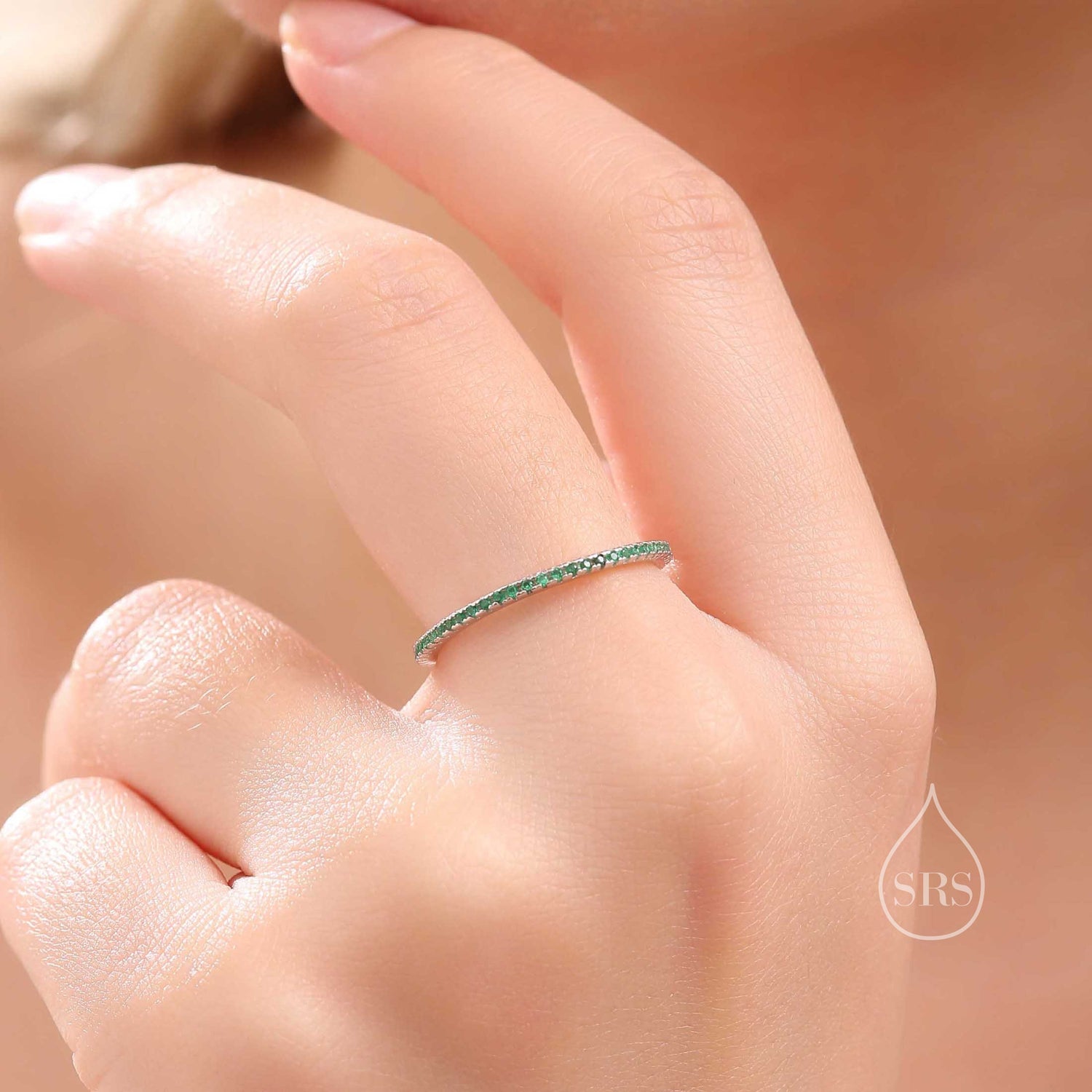 Extra Skinny Emerald Green CZ Pave Ring in Sterling Silver, Eternity Ring, US 5 - 8