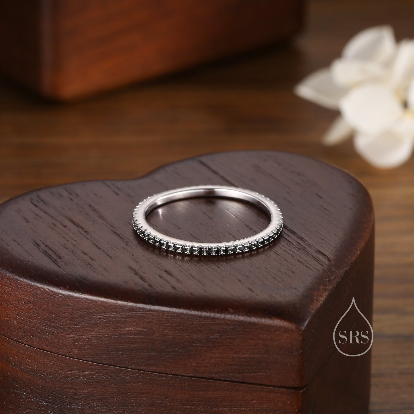 Extra Skinny Onyx Black CZ Pave Ring in Sterling Silver, Eternity Ring, US 5 - 8