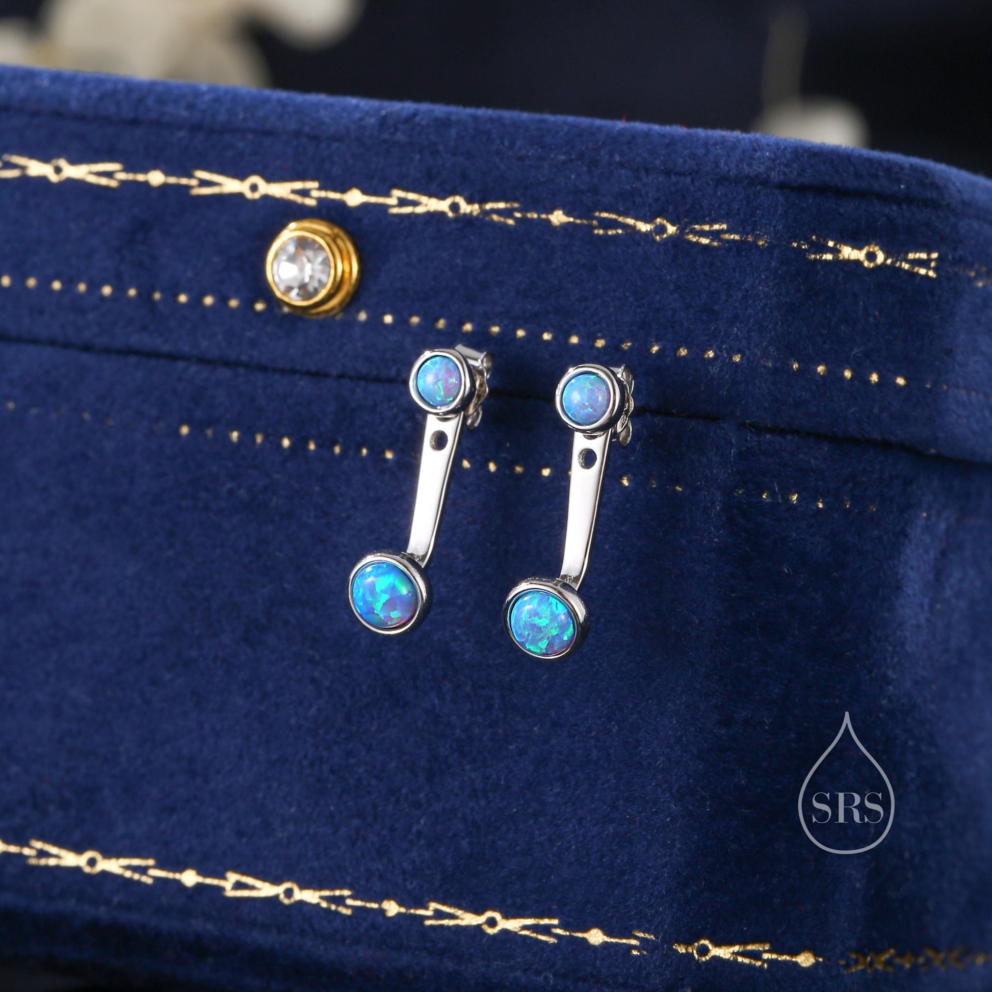Blue Opal Ear Jacket in Sterling Silver, Silver or Gold, Lab Blue Opal Bezel Earrings, Front and Back Earrings