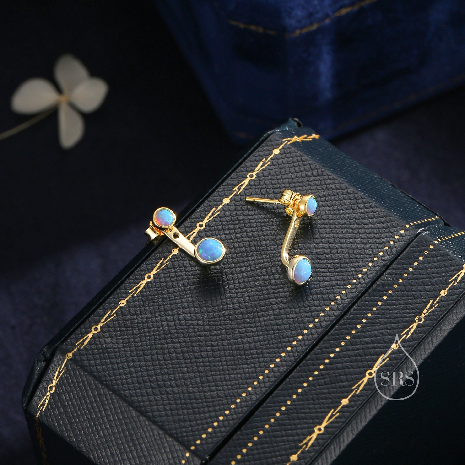 Blue Opal Ear Jacket in Sterling Silver, Silver or Gold, Lab Blue Opal Bezel Earrings, Front and Back Earrings