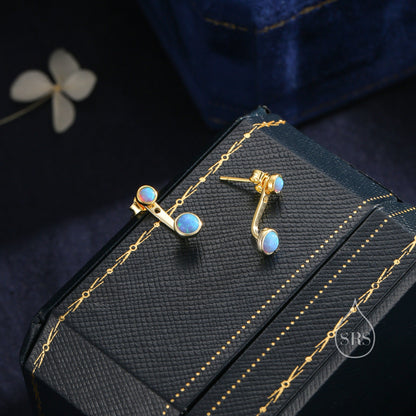 Blue Opal Ear Jacket in Sterling Silver,  Silver or Gold, Lab Blue Opal Bezel Earrings, Front and Back Earrings