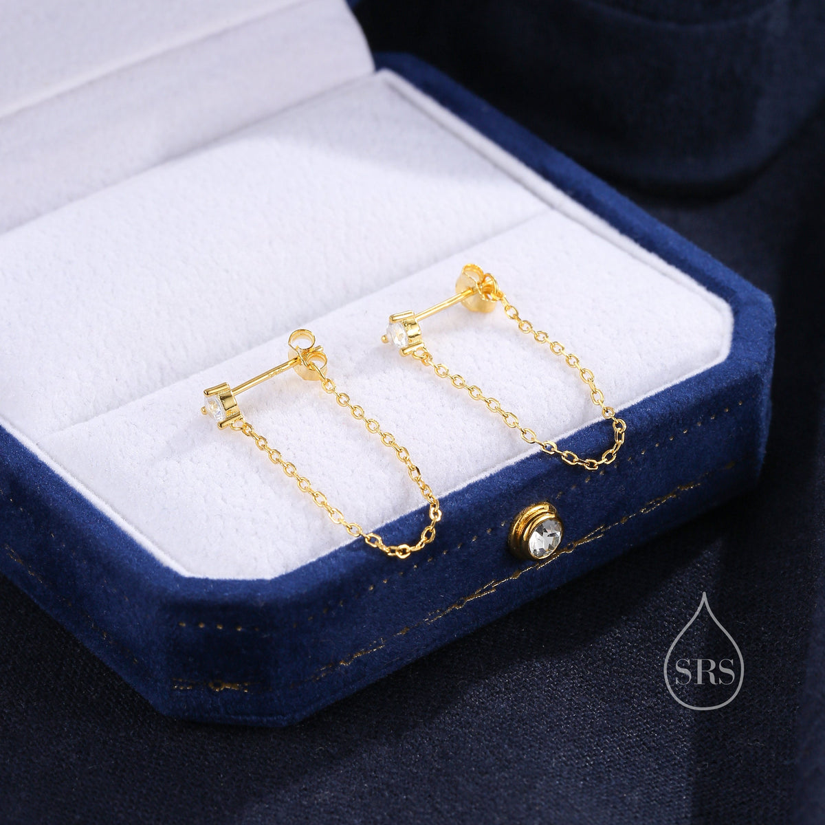 CZ and Chain Ear Jacket in Sterling Silver, Silver or Gold, Front and Back Earrings, Two Part Earrings, CZ with Linking Chain Earrings
