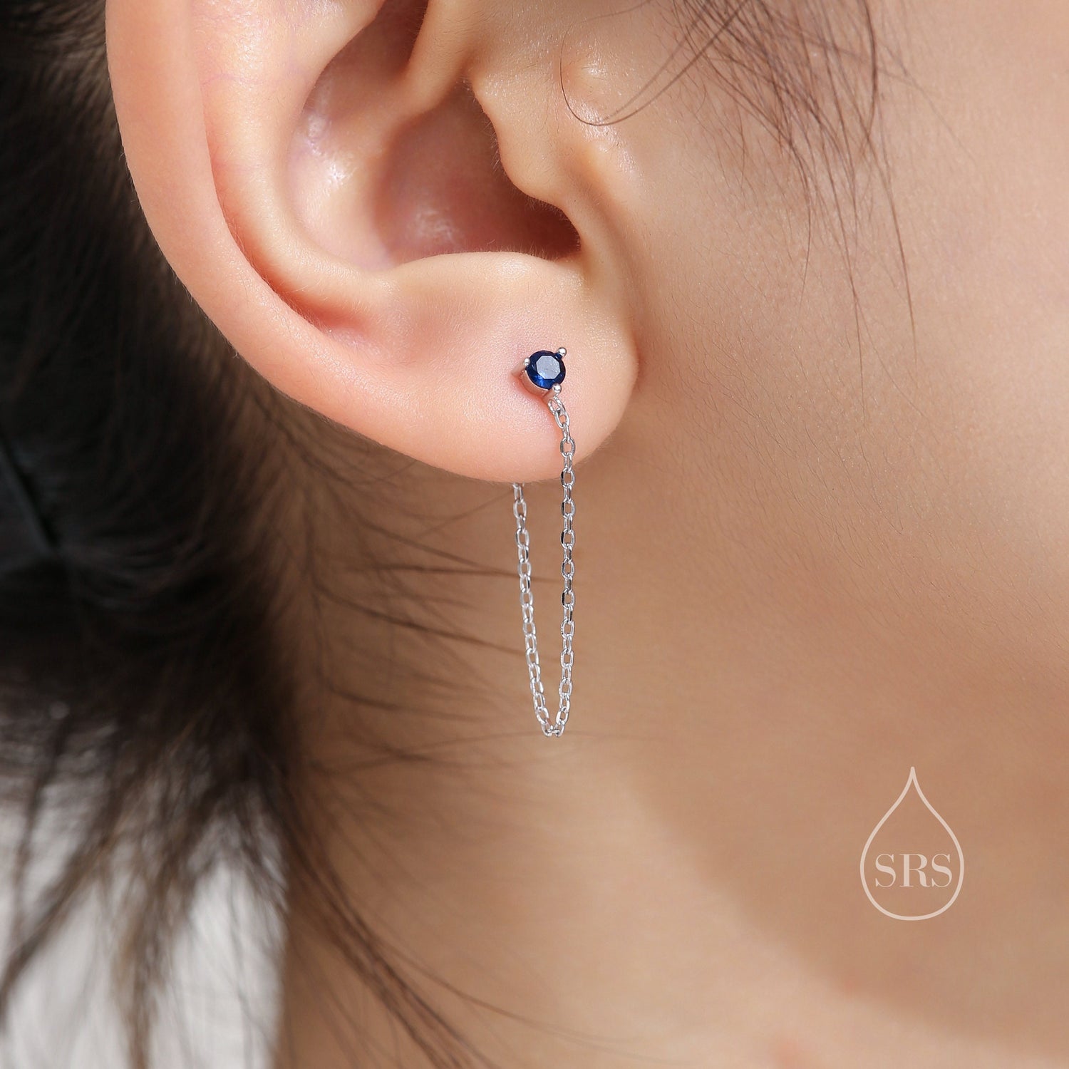 Sapphire Blue CZ and Chain Ear Jacket in Sterling Silver, Silver or Gold, Front and Back Earrings, Two Part Earrings, Earring with Chain