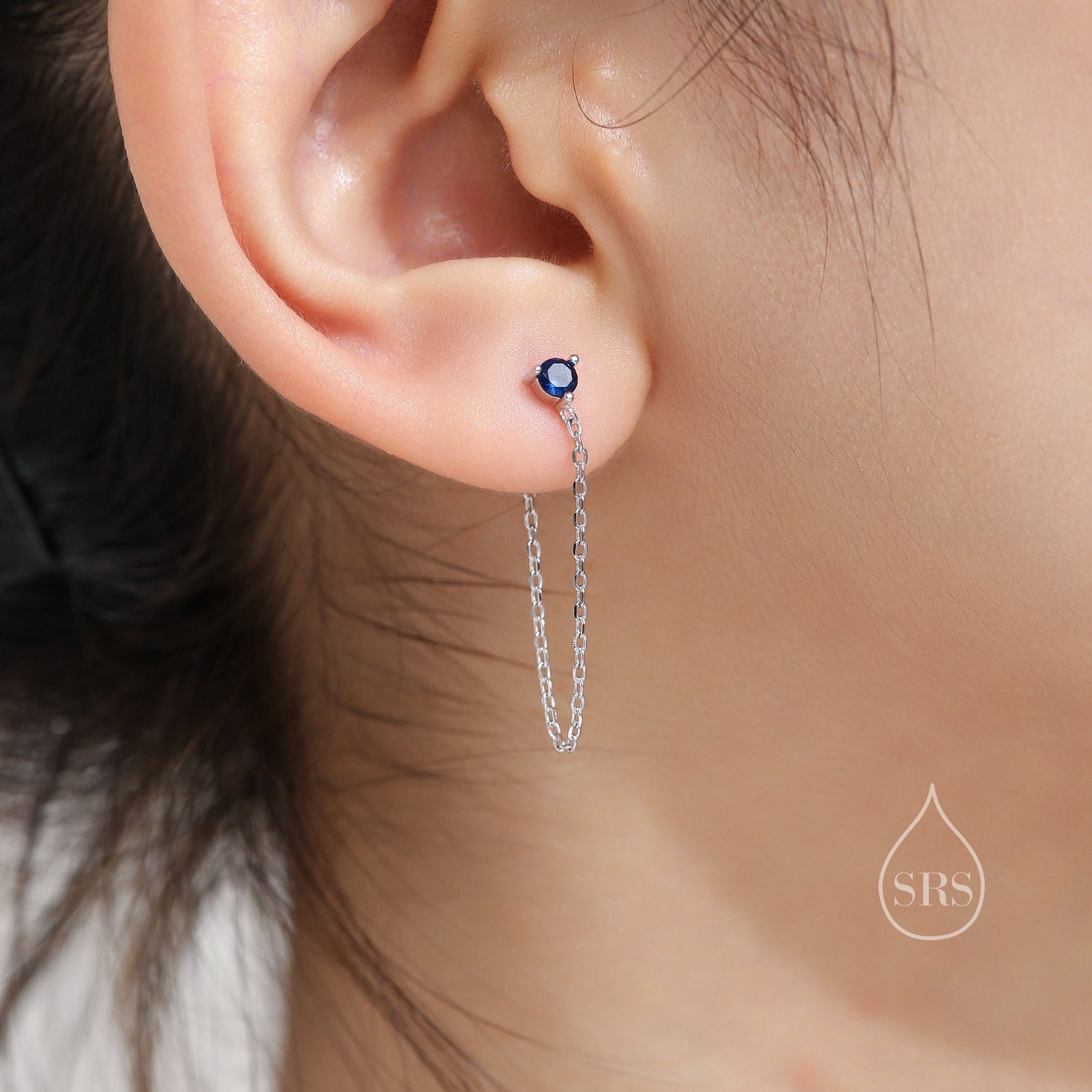 Sapphire Blue CZ and Chain Ear Jacket in Sterling Silver, Silver or Gold, Front and Back Earrings, Two Part Earrings, Earring with Chain