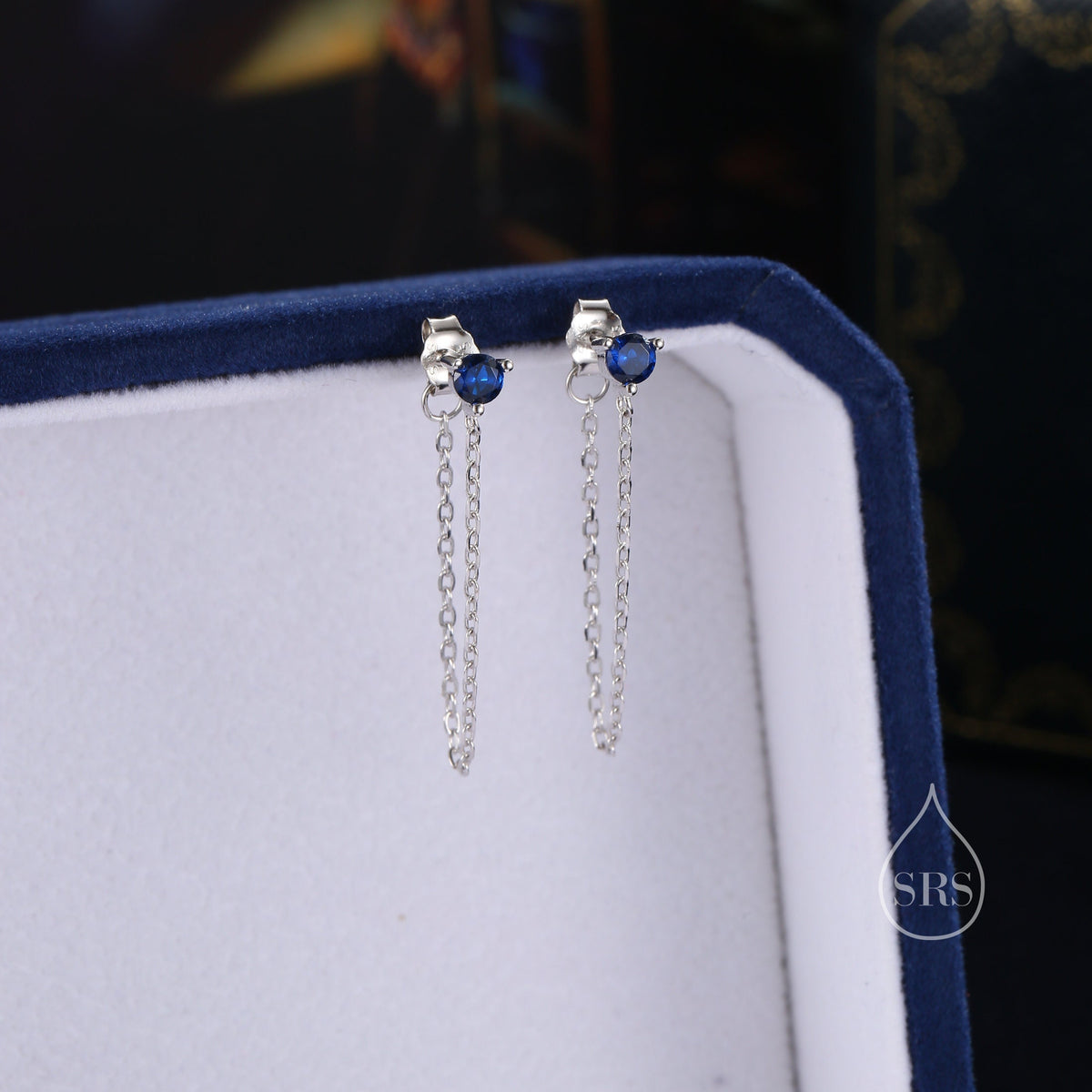 Sapphire Blue CZ and Chain Ear Jacket in Sterling Silver, Silver or Gold, Front and Back Earrings, Two Part Earrings, Earring with Chain