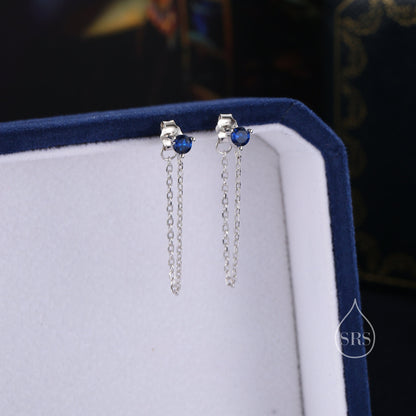 Sapphire Blue CZ and Chain Ear Jacket in Sterling Silver,  Silver or Gold, Front and Back Earrings, Two Part Earrings, Earring with Chain