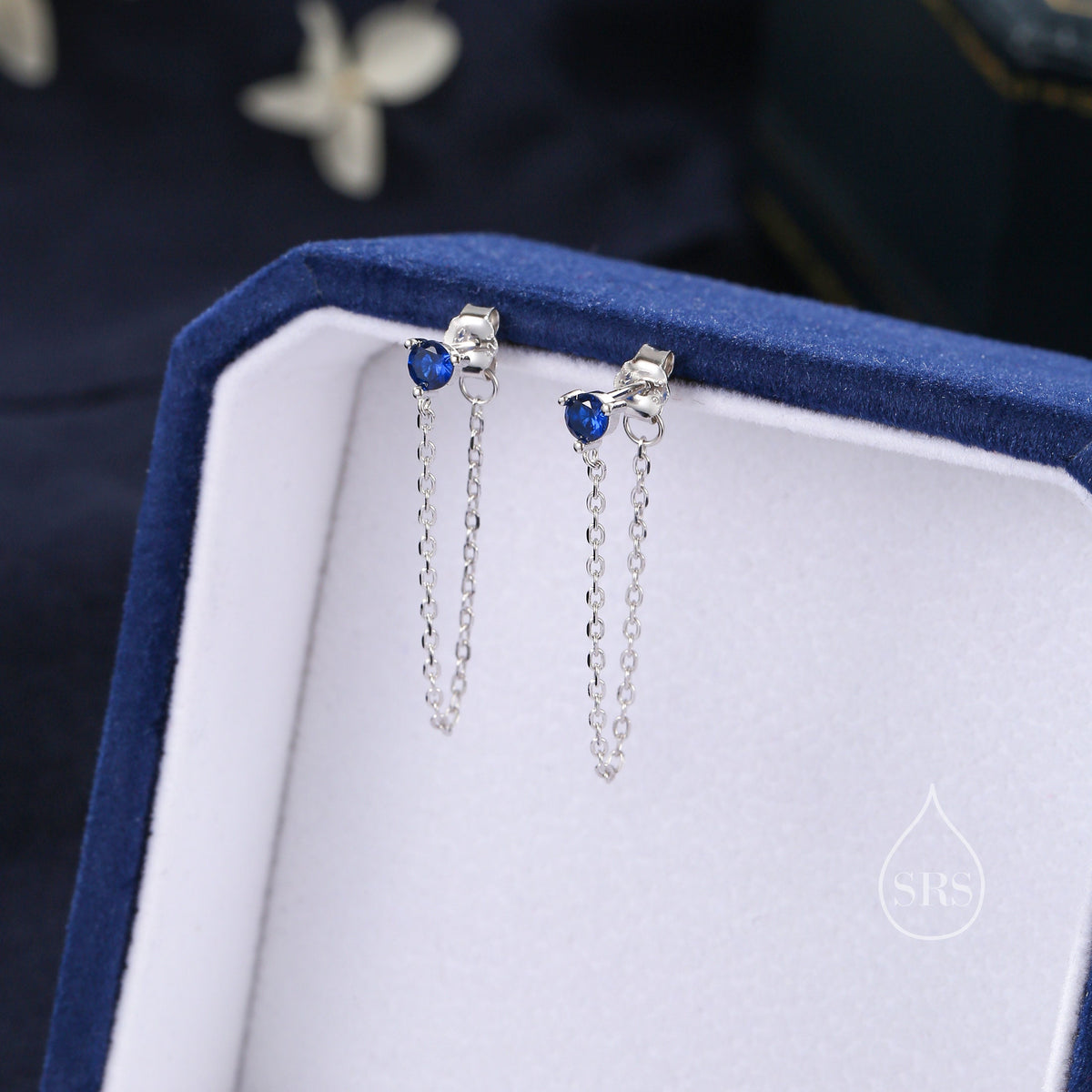 Sapphire Blue CZ and Chain Ear Jacket in Sterling Silver, Silver or Gold, Front and Back Earrings, Two Part Earrings, Earring with Chain