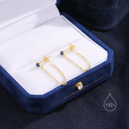 Sapphire Blue CZ and Chain Ear Jacket in Sterling Silver,  Silver or Gold, Front and Back Earrings, Two Part Earrings, Earring with Chain