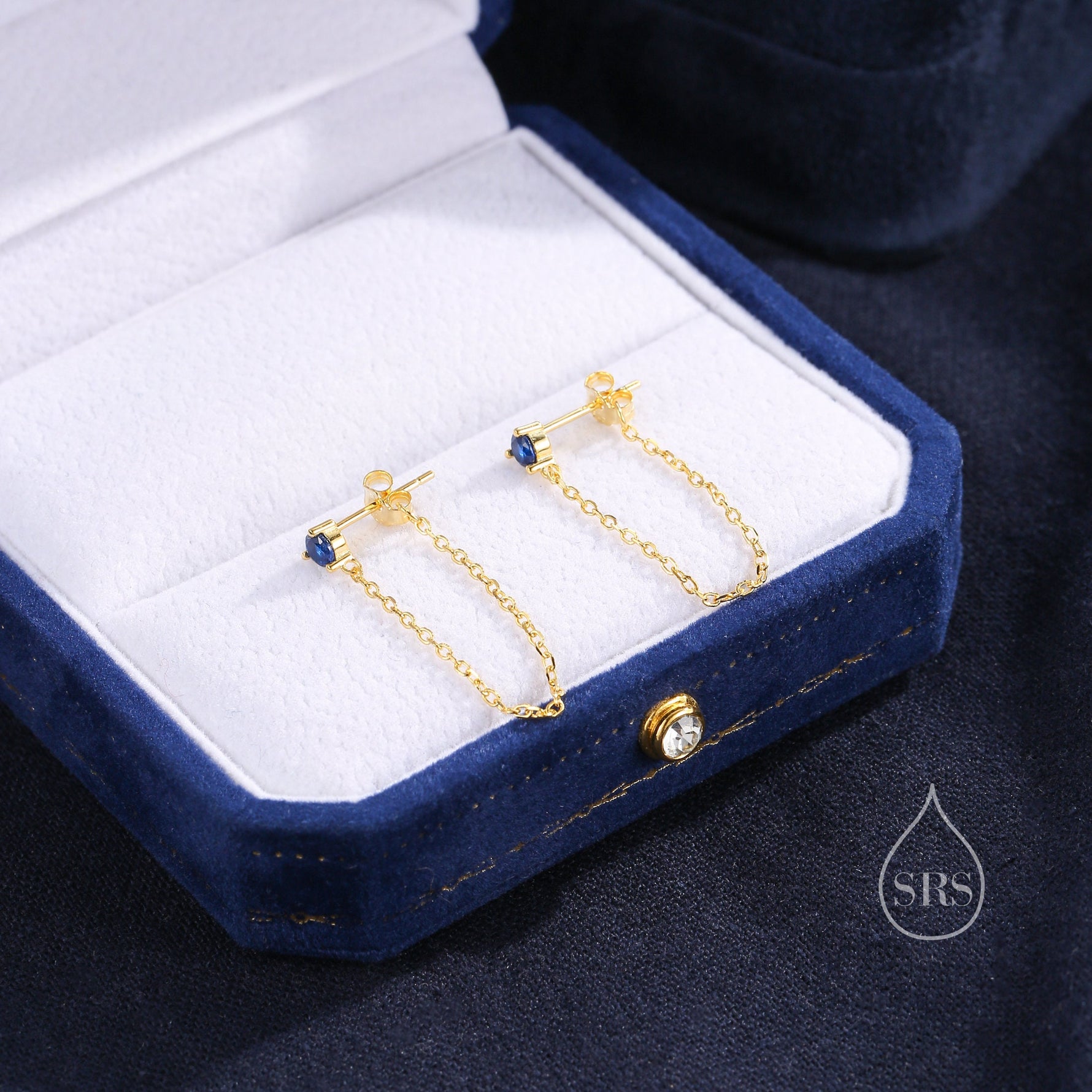 Sapphire Blue CZ and Chain Ear Jacket in Sterling Silver, Silver or Gold, Front and Back Earrings, Two Part Earrings, Earring with Chain