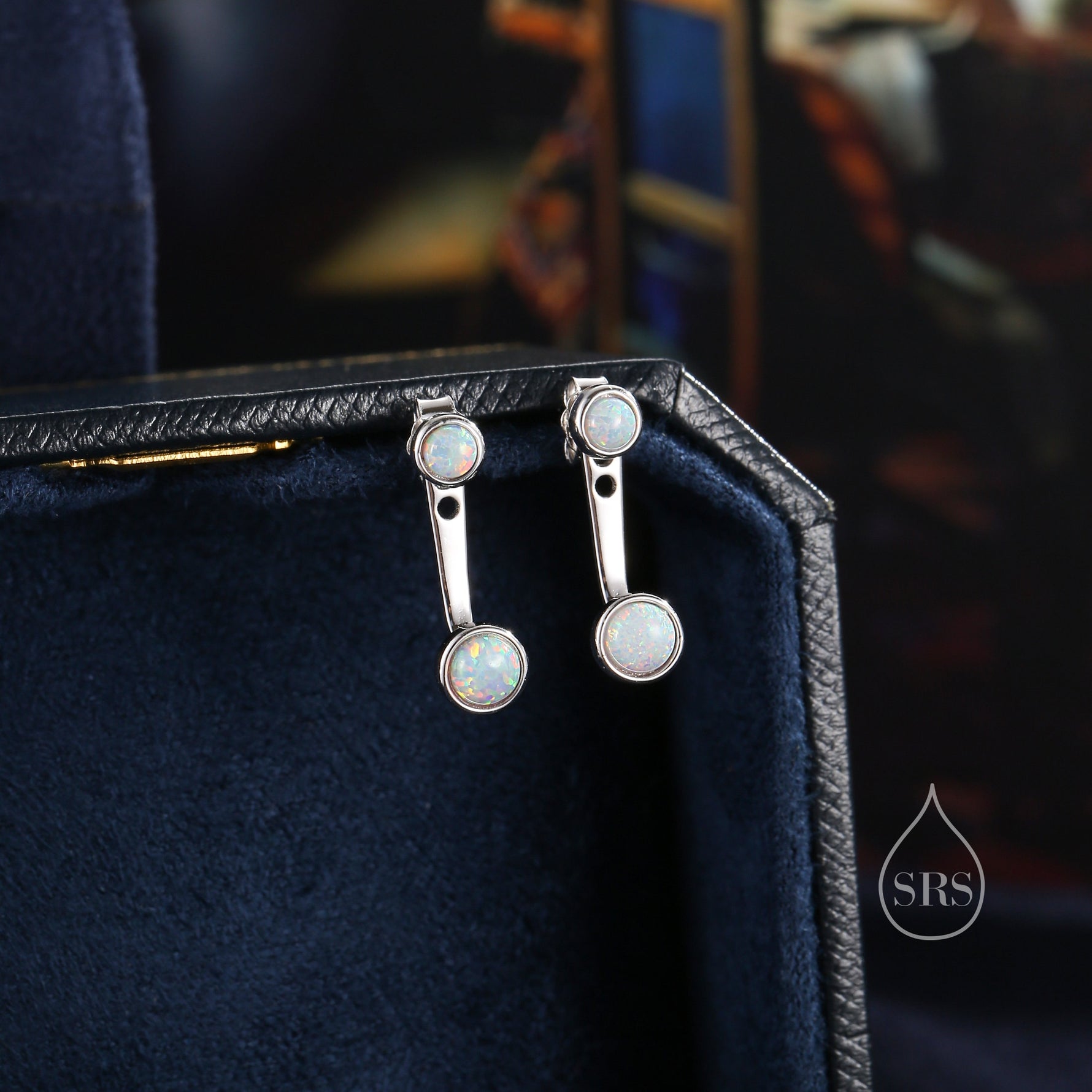 White Opal Ear Jacket in Sterling Silver, Silver or Gold, Lab Opal Bezel Earrings, Front and Back Fire Opal Earrings