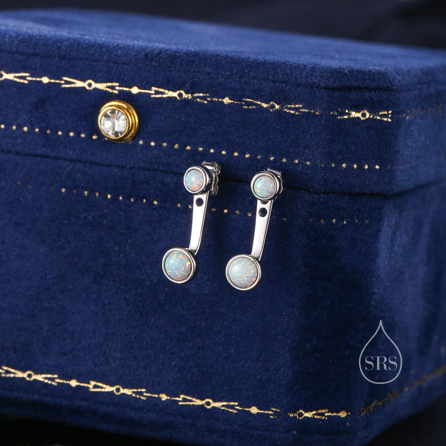 White Opal Ear Jacket in Sterling Silver,  Silver or Gold, Lab Opal Bezel Earrings, Front and Back Fire Opal Earrings