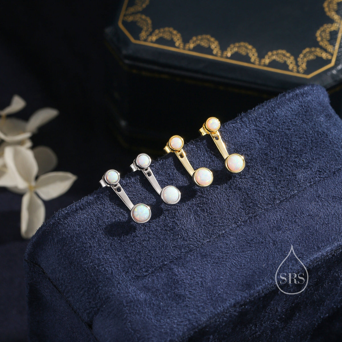 White Opal Ear Jacket in Sterling Silver, Silver or Gold, Lab Opal Bezel Earrings, Front and Back Fire Opal Earrings