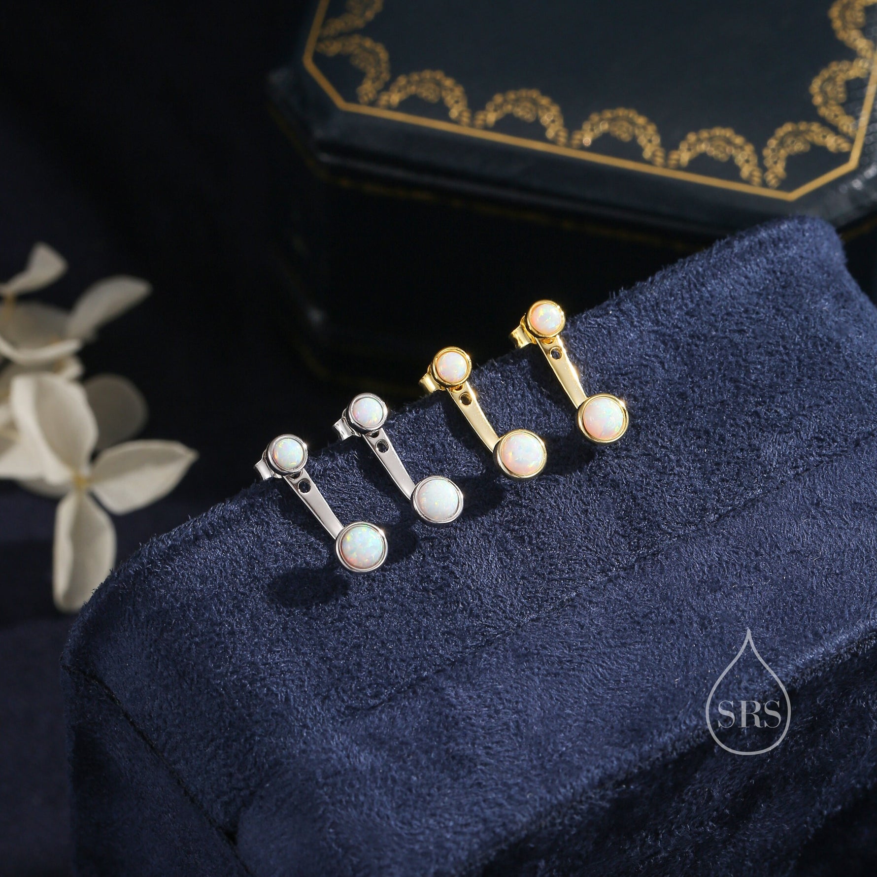 White Opal Ear Jacket in Sterling Silver, Silver or Gold, Lab Opal Bezel Earrings, Front and Back Fire Opal Earrings