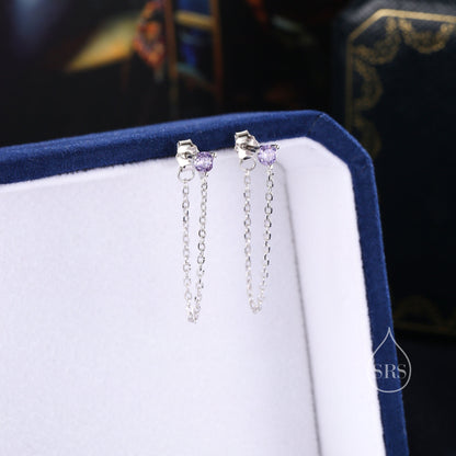 Amethyst Purple CZ and Chain Ear Jacket in Sterling Silver,  Silver or Gold, Front and Back Earrings, Two Part Earrings, Earring with Chain