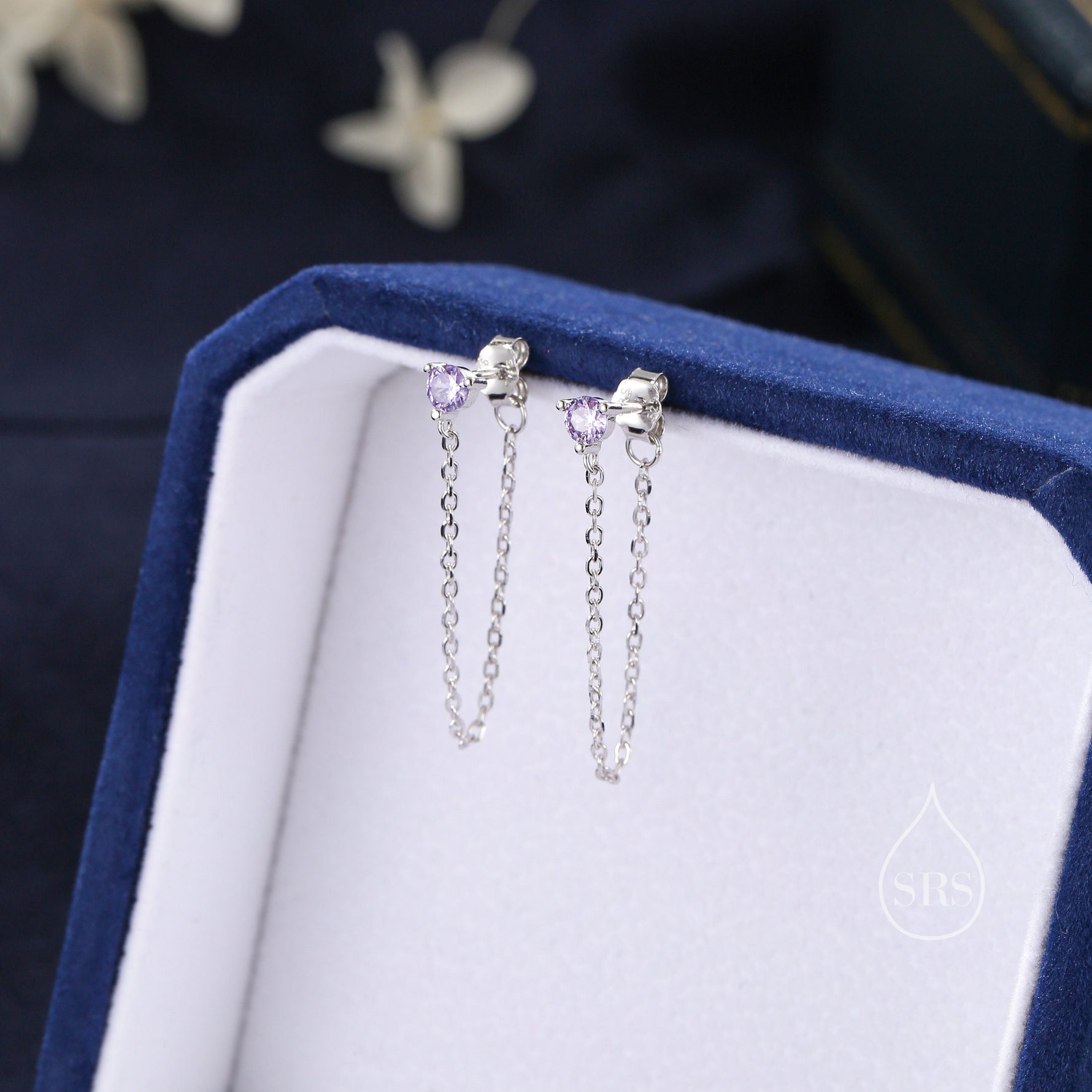 Amethyst Purple CZ and Chain Ear Jacket in Sterling Silver, Silver or Gold, Front and Back Earrings, Two Part Earrings, Earring with Chain