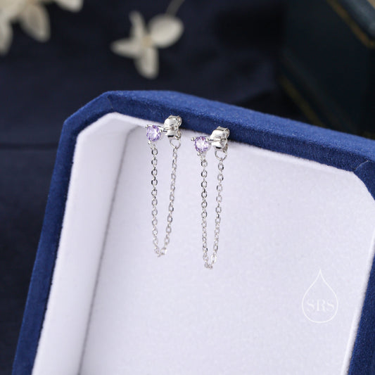 Amethyst Purple CZ and Chain Ear Jacket in Sterling Silver, Silver or Gold, Front and Back Earrings, Two Part Earrings, Earring with Chain
