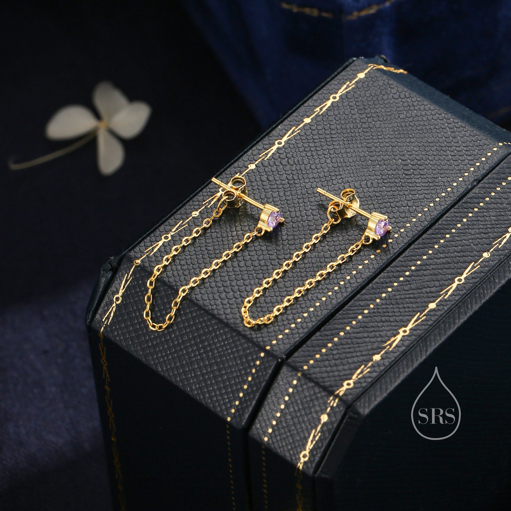 Amethyst Purple CZ and Chain Ear Jacket in Sterling Silver, Silver or Gold, Front and Back Earrings, Two Part Earrings, Earring with Chain