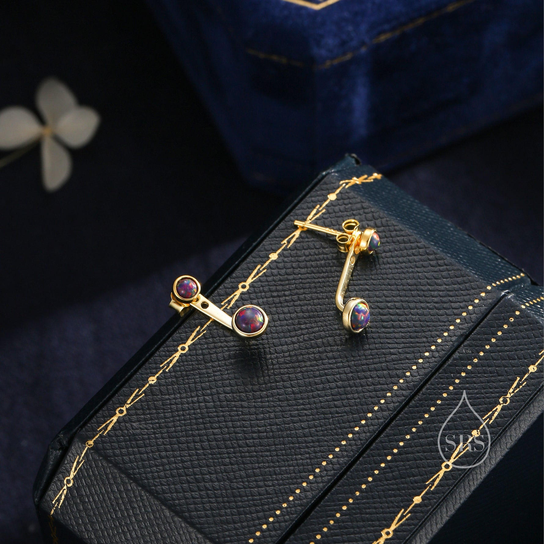 Black Opal Ear Jacket in Sterling Silver, Silver or Gold, Lab Opal Bezel Earrings, Front and Back Black Opal Earrings