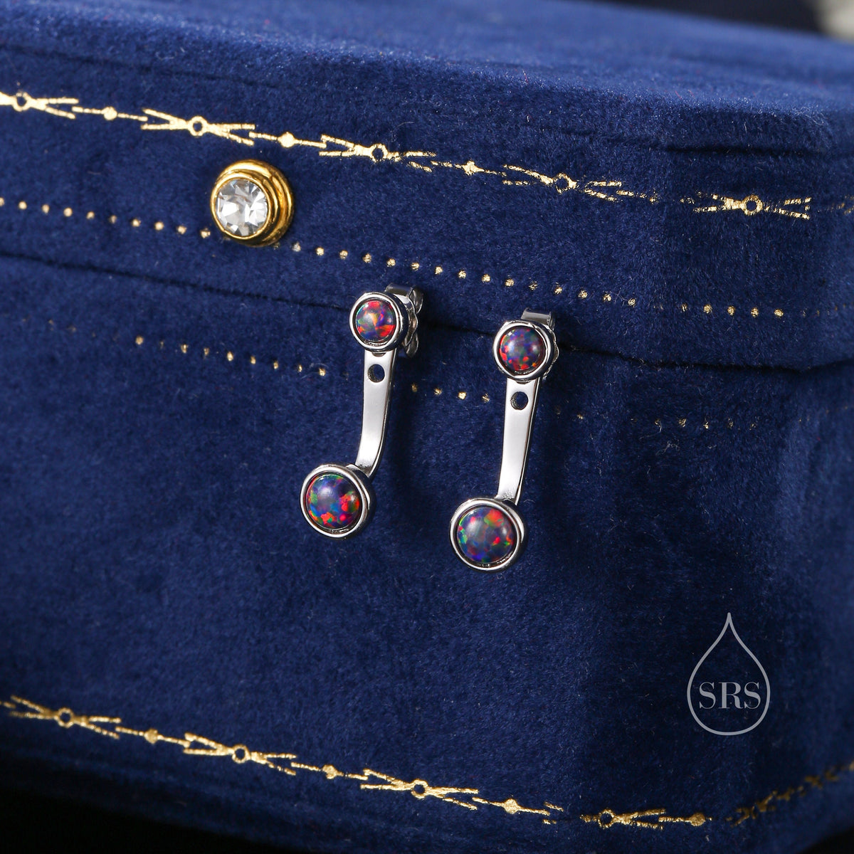 Black Opal Ear Jacket in Sterling Silver, Silver or Gold, Lab Opal Bezel Earrings, Front and Back Black Opal Earrings