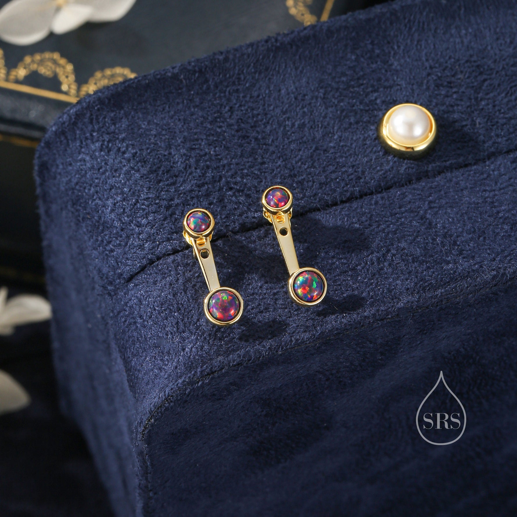 Black Opal Ear Jacket in Sterling Silver, Silver or Gold, Lab Opal Bezel Earrings, Front and Back Black Opal Earrings