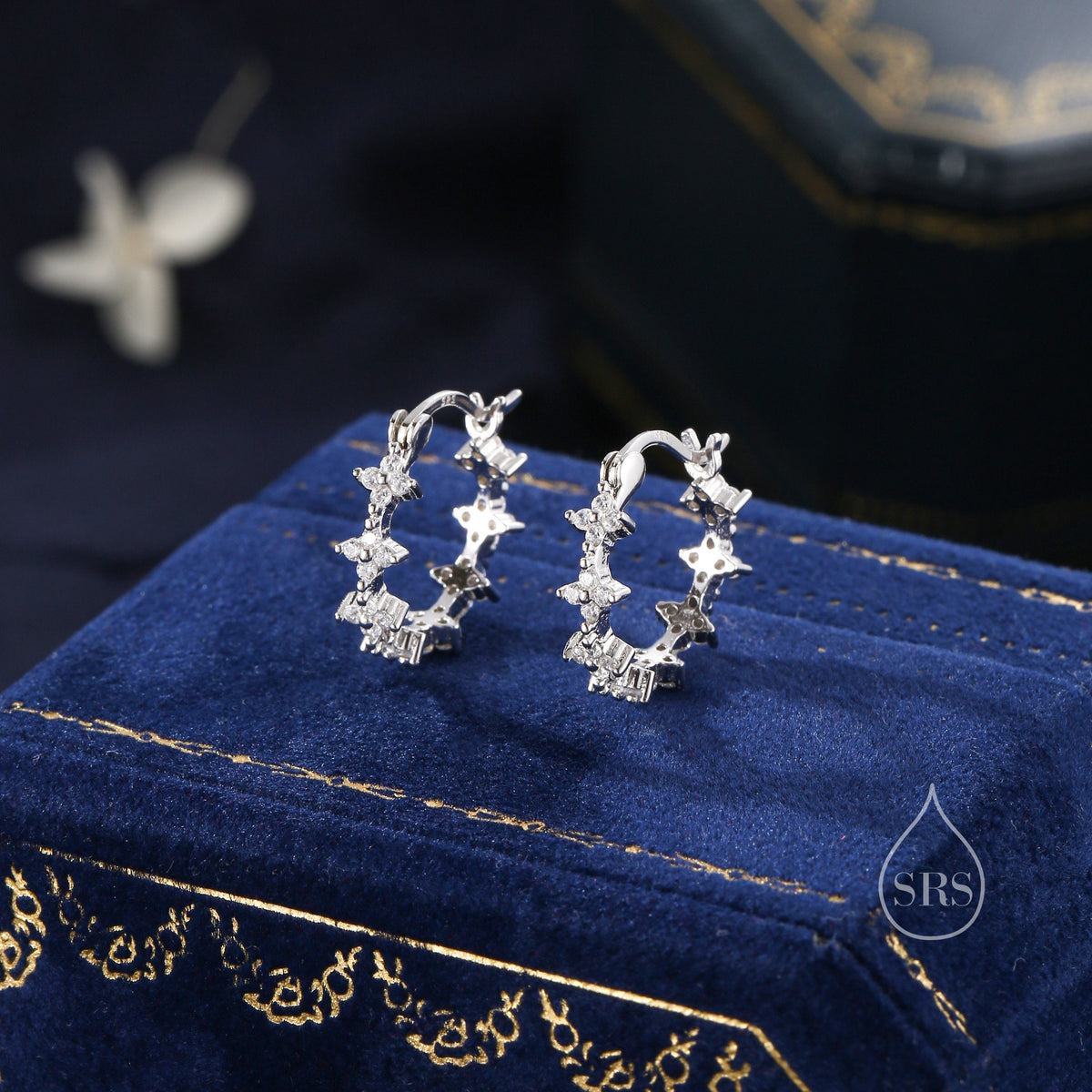 Hydangea Flower Motif Hoop Earrings in Sterling Silver, Silver, Gold, CZ Flower Hoops