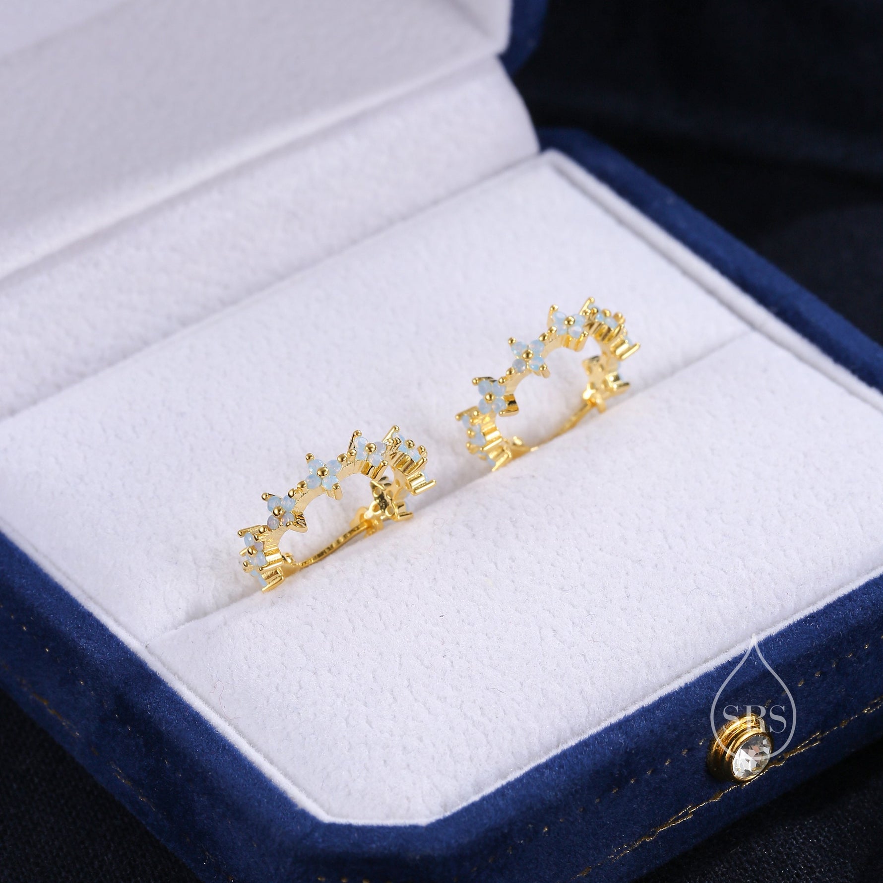 Hydangea Flower Motif Hoop Earrings in Sterling Silver, Silver, Gold, CZ Flower Hoops