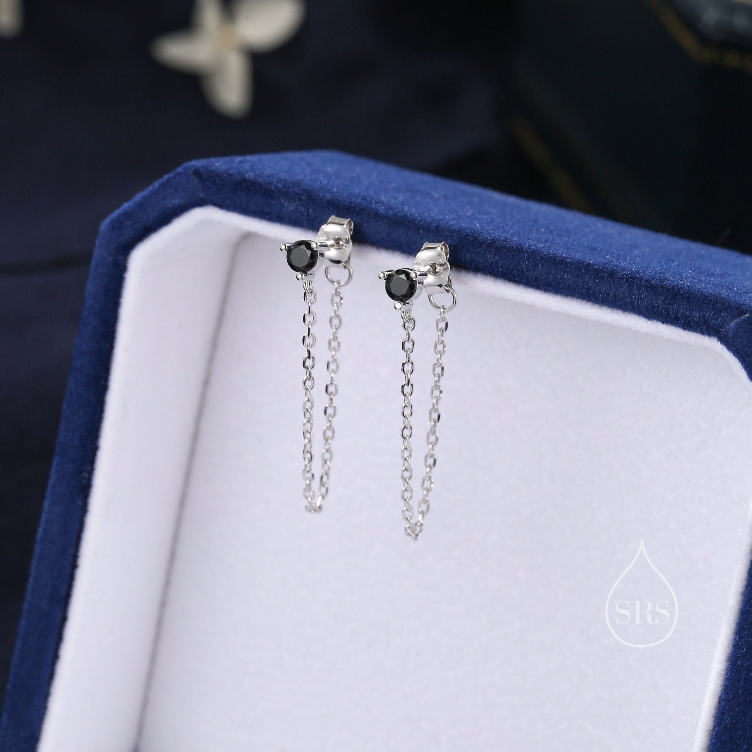 Black CZ and Chain Ear Jacket in Sterling Silver, Silver or Gold, Front and Back Earrings, Two Part Earrings, Earring with Chain