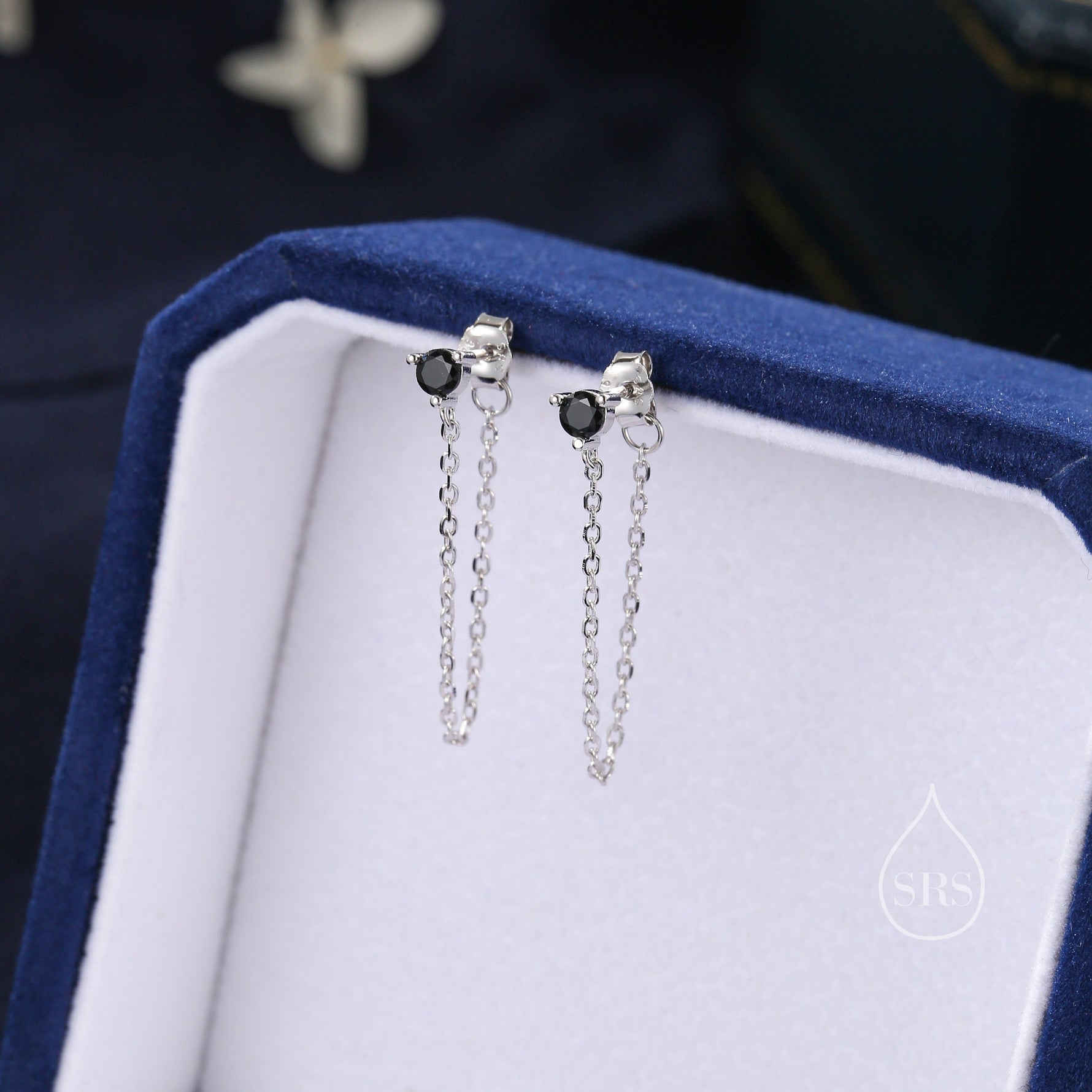Black CZ and Chain Ear Jacket in Sterling Silver, Silver or Gold, Front and Back Earrings, Two Part Earrings, Earring with Chain