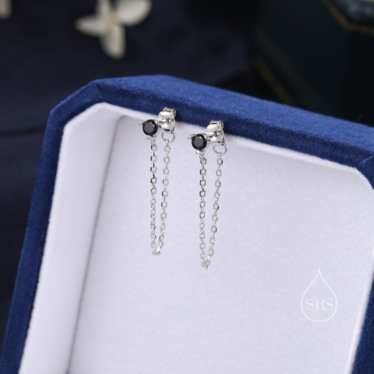 Black CZ and Chain Ear Jacket in Sterling Silver,  Silver or Gold, Front and Back Earrings, Two Part Earrings, Earring with Chain