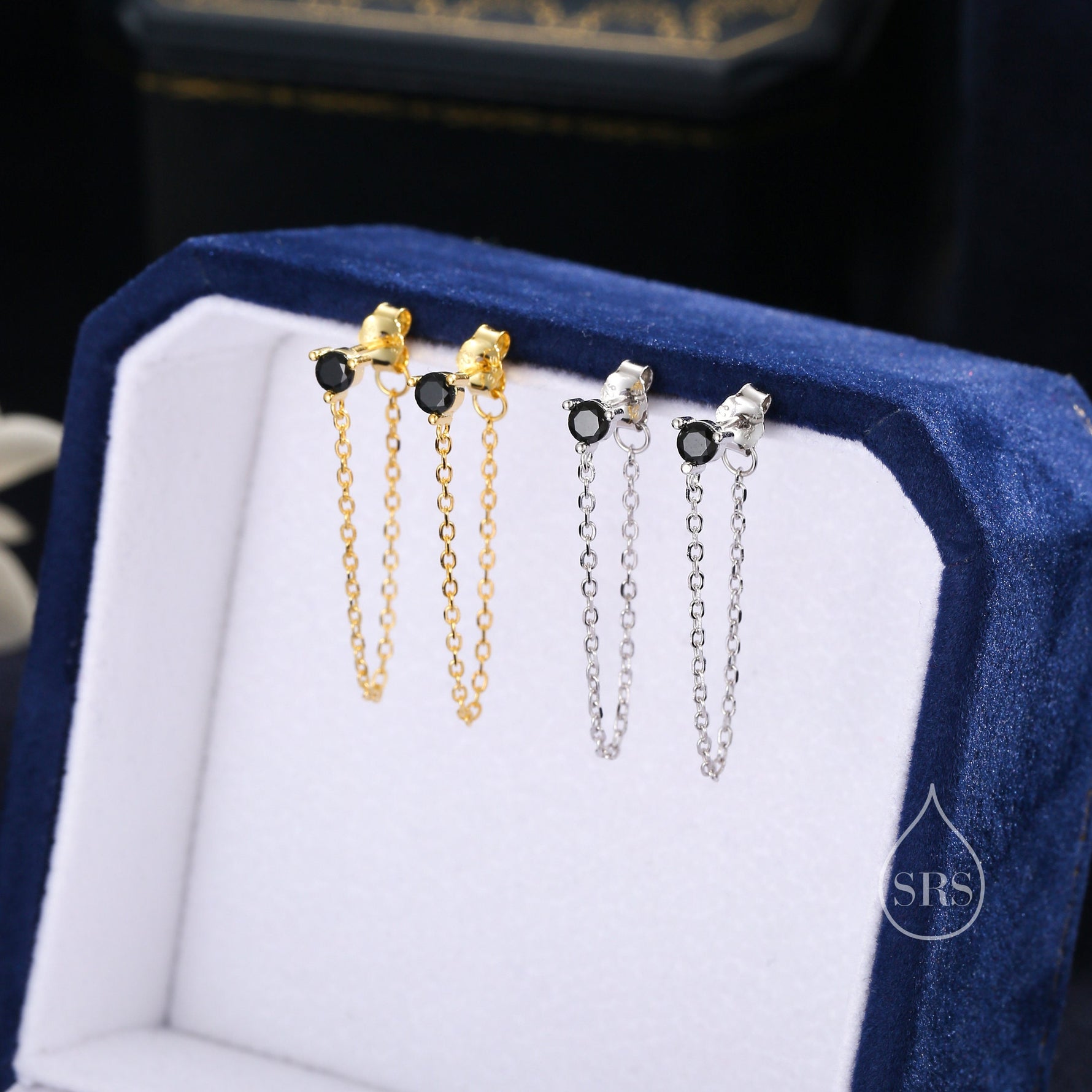 Black CZ and Chain Ear Jacket in Sterling Silver, Silver or Gold, Front and Back Earrings, Two Part Earrings, Earring with Chain