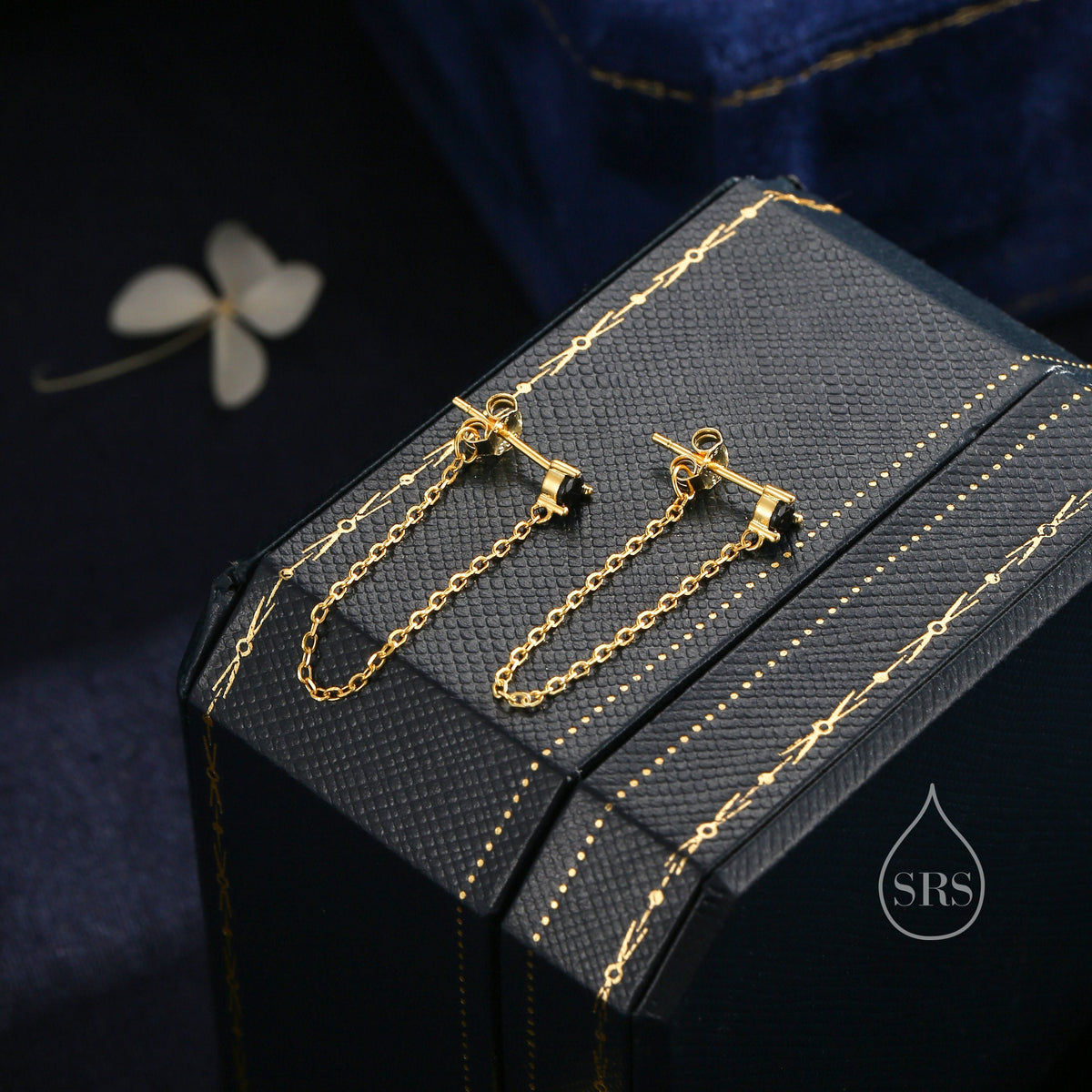 Black CZ and Chain Ear Jacket in Sterling Silver, Silver or Gold, Front and Back Earrings, Two Part Earrings, Earring with Chain