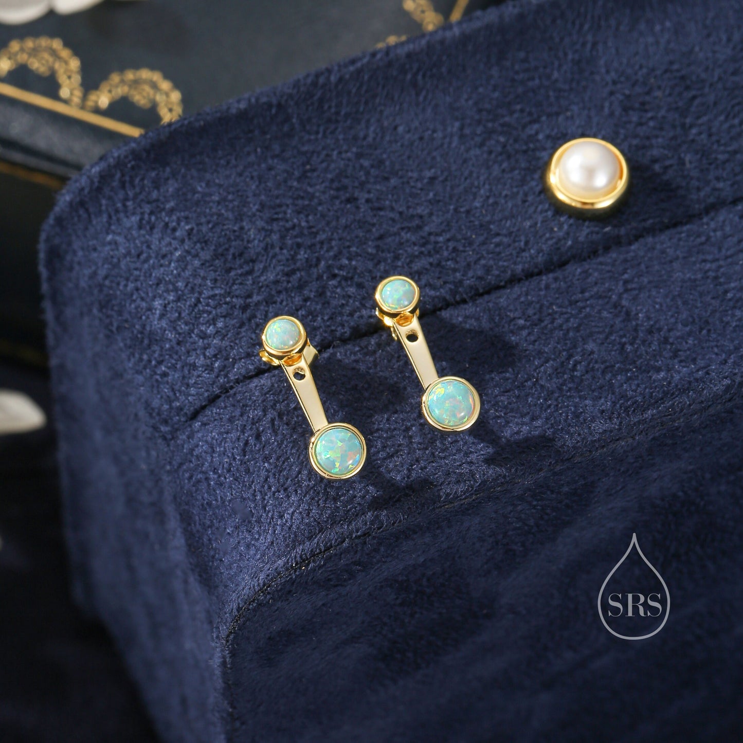 Auqa Green Opal Ear Jacket in Sterling Silver, Silver or Gold, Lab Opal Bezel Earrings, Front and Back Green Opal Earrings